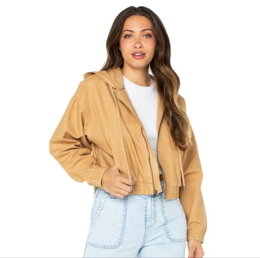Celebrity Pink 100% Cotton Cropped Waist Cinch Hoodie In Iced Coffee Tan Size XS